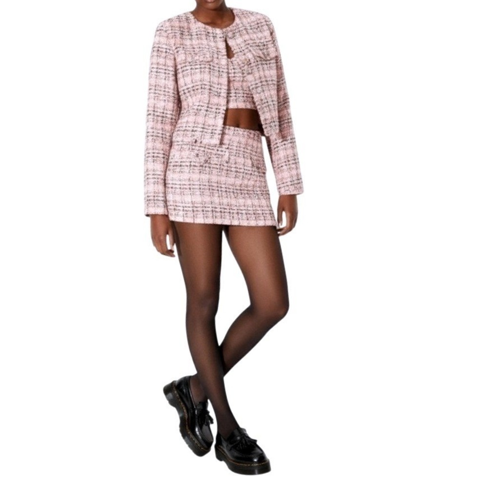 Wild Fable Pink Tweed Cropped Jacket Skort Set X Small Plaid Rhinestone Buttons
